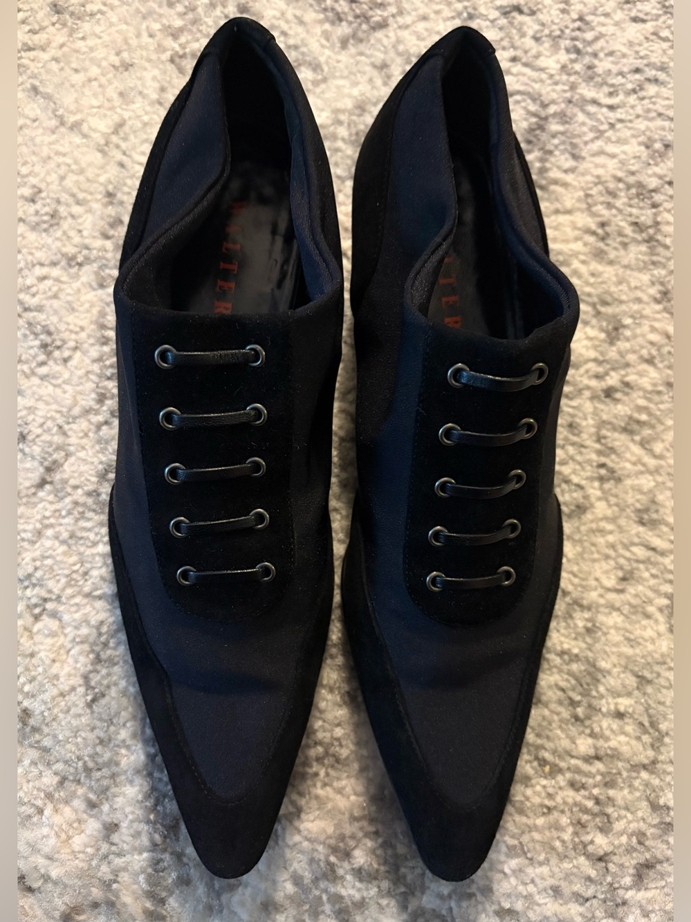 Walter Steiger Black Suede & Stretch Lace-Up Pointed Toe Booties 39